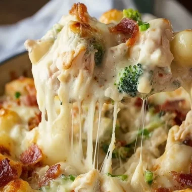 Loaded Chicken Alfredo Gnocchi Bake topped with cheese and herbs