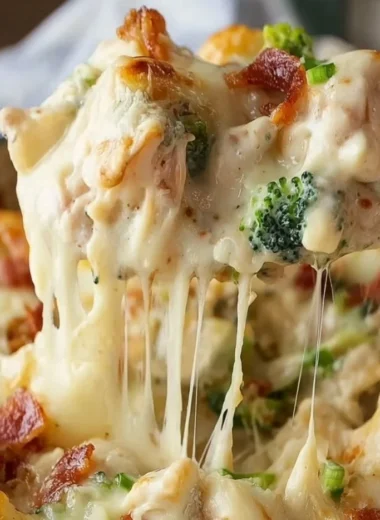 Loaded Chicken Alfredo Gnocchi Bake topped with cheese and herbs