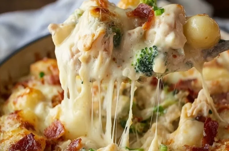 Loaded Chicken Alfredo Gnocchi Bake topped with cheese and herbs