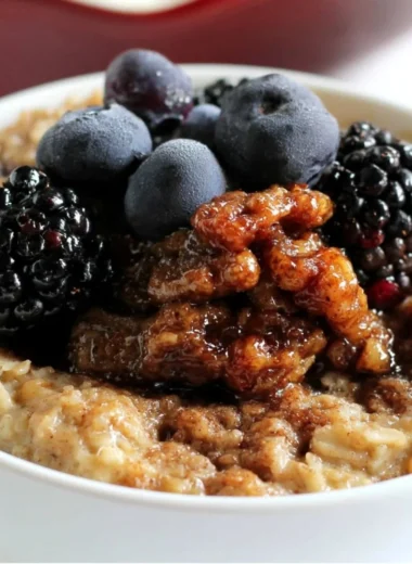 Delicious Maple & Brown Sugar Baked Oatmeal served in a bowl with fresh fruit.