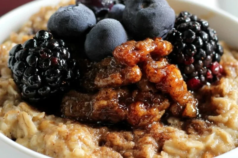 Delicious Maple & Brown Sugar Baked Oatmeal served in a bowl with fresh fruit.