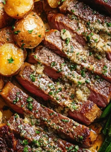 Delicious oven roasted rib-eye steak served with herbs and spices