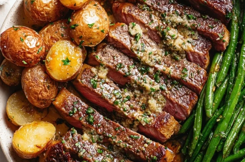 Delicious oven roasted rib-eye steak served with herbs and spices