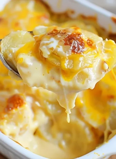 Creamy potatoes au gratin baked with cheese and herbs