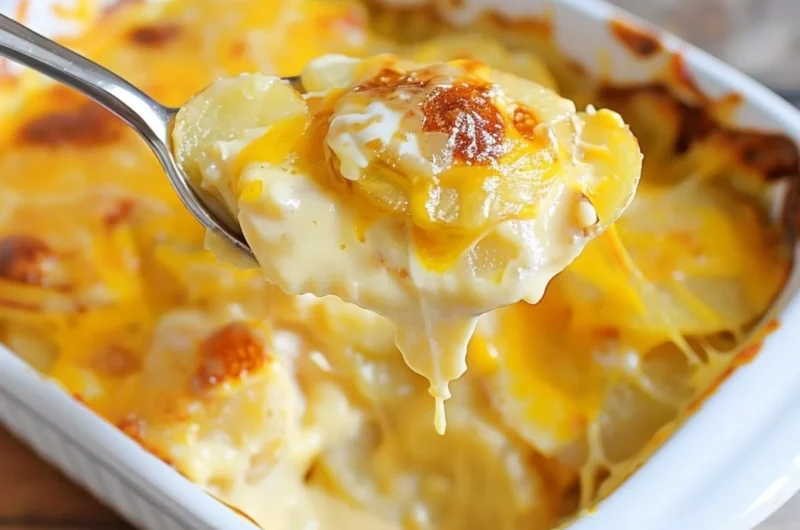 Creamy potatoes au gratin baked with cheese and herbs