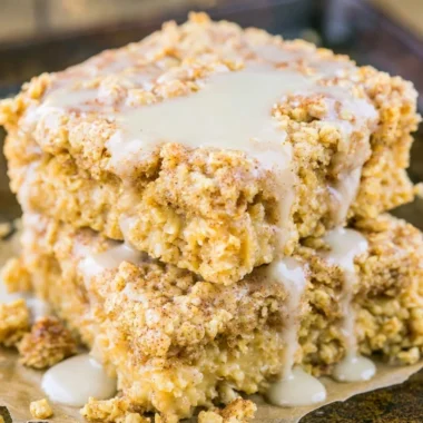 Protein-packed sugar-free cinnamon roll baked oatmeal in a serving dish