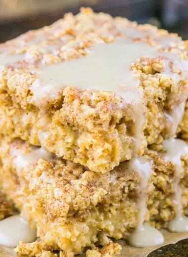 Protein-packed sugar-free cinnamon roll baked oatmeal in a serving dish