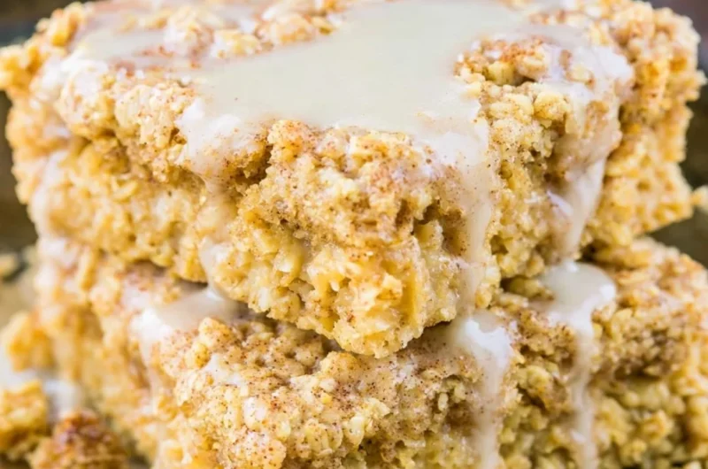 Protein-packed sugar-free cinnamon roll baked oatmeal in a serving dish