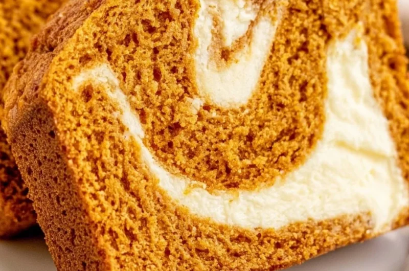 Delicious pumpkin bread topped with cream cheese frosting on a wooden table