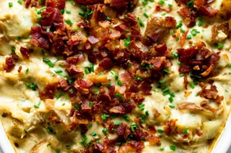 Savory Creamy Chicken Potato Casserole topped with cheese and herbs
