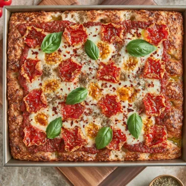 Homemade sourdough discard focaccia-style pizza topped with fresh ingredients.