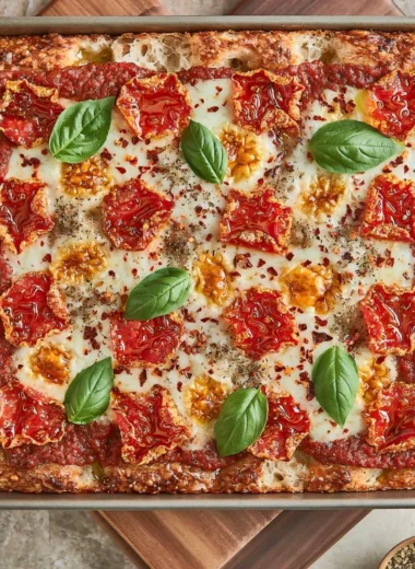 Homemade sourdough discard focaccia-style pizza topped with fresh ingredients.