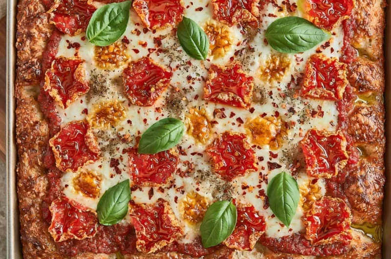Homemade sourdough discard focaccia-style pizza topped with fresh ingredients.