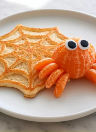 Delicious Spiderweb Pancakes on a plate, perfect for Halloween breakfast