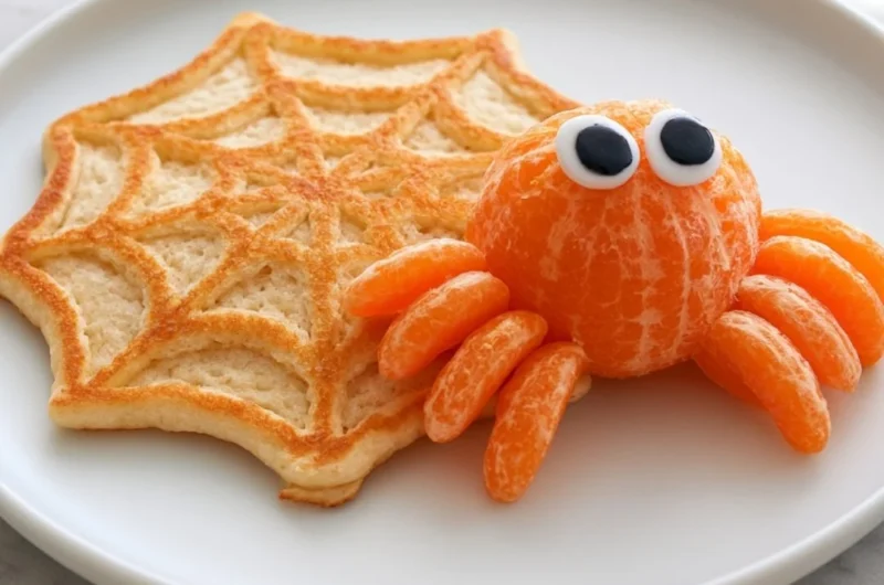 Delicious Spiderweb Pancakes on a plate, perfect for Halloween breakfast