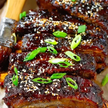 Delicious Sticky Asian Pork Ribs served with sauce and garnished.
