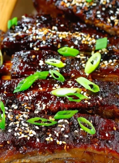 Delicious Sticky Asian Pork Ribs served with sauce and garnished.