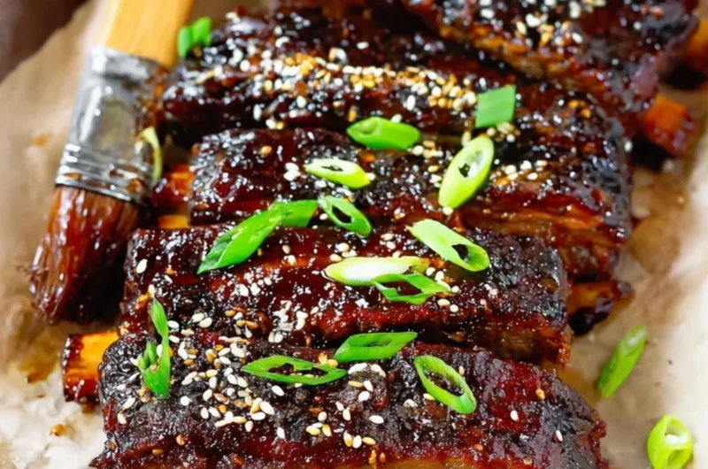 Delicious Sticky Asian Pork Ribs served with sauce and garnished.