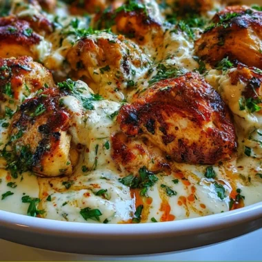 Turkish Chicken with Creamy White Sauce garnished with parsley on a plate