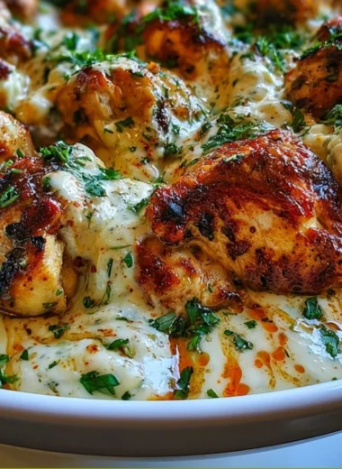Turkish Chicken with Creamy White Sauce garnished with parsley on a plate