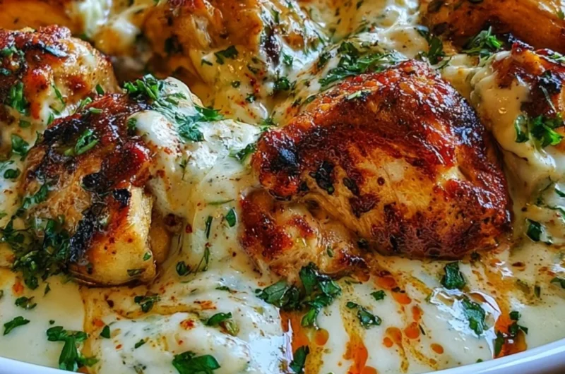 Turkish Chicken with Creamy White Sauce garnished with parsley on a plate