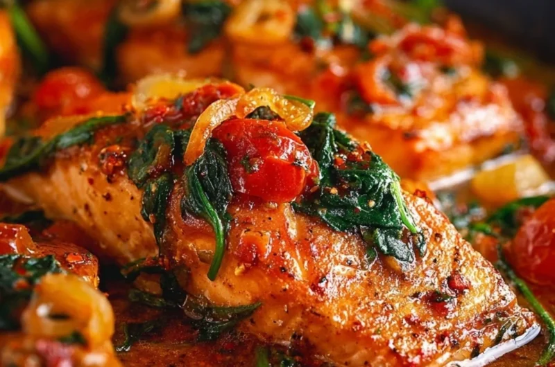 Delicious Tuscan Garlic Salmon dish garnished with herbs and served on a plate.