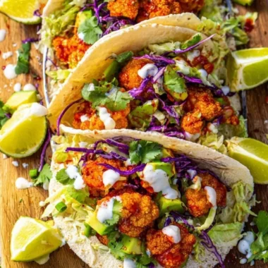 Plate of vegan cauliflower tacos topped with fresh vegetables and sauces