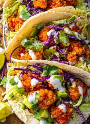 Plate of vegan cauliflower tacos topped with fresh vegetables and sauces