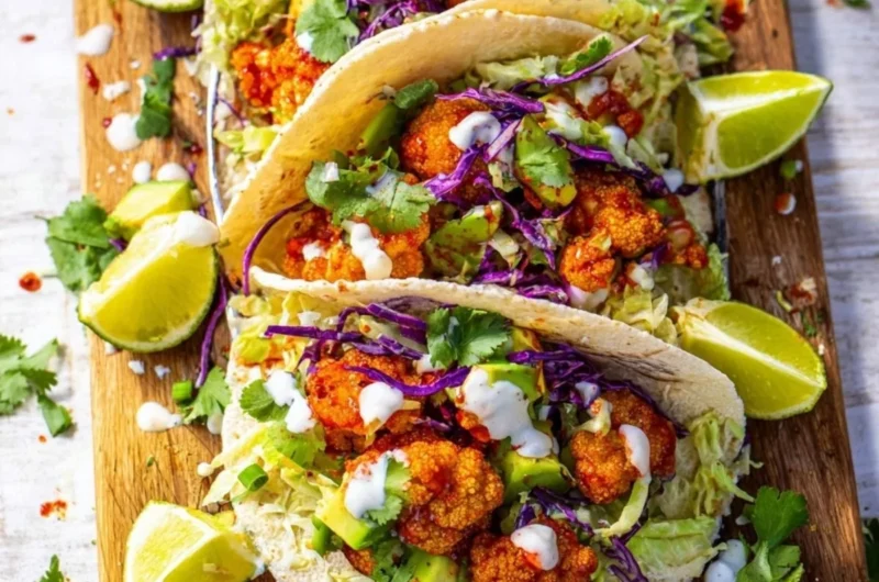 Plate of vegan cauliflower tacos topped with fresh vegetables and sauces