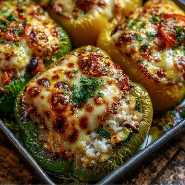 Vegetarian stuffed bell peppers filled with quinoa, vegetables, and spices