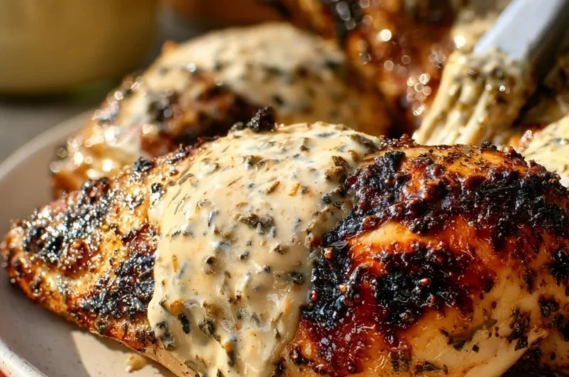 Delicious white barbecue chicken served on a platter with sides