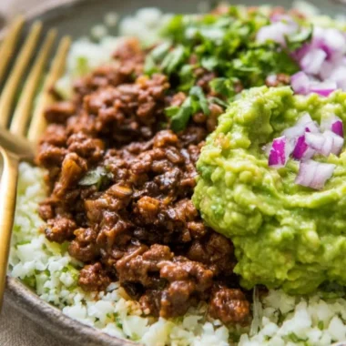 Whole30 Chipotle Beef Bowl with avocado and fresh ingredients