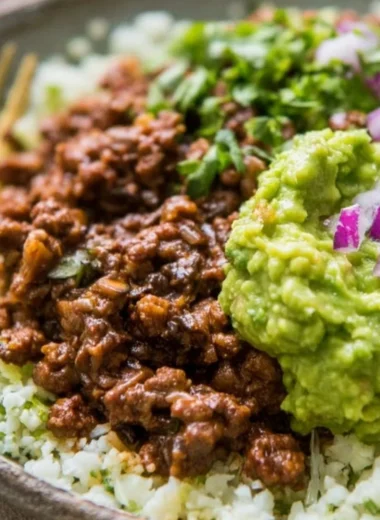 Whole30 Chipotle Beef Bowl with avocado and fresh ingredients