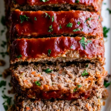Delicious Whole30 Meatloaf served on a plate with fresh herbs.