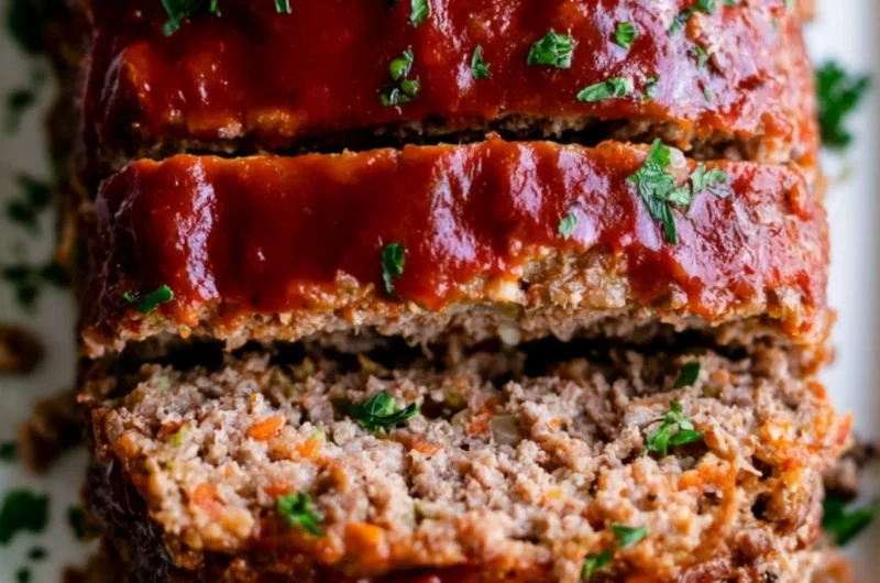 Delicious Whole30 Meatloaf served on a plate with fresh herbs.