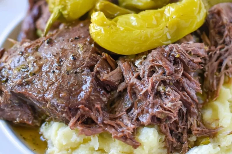 Delicious Whole30 Mississippi Pot Roast served with fresh vegetables