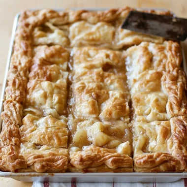 Delicious apple slab pie fresh from the oven, topped with a golden crust.