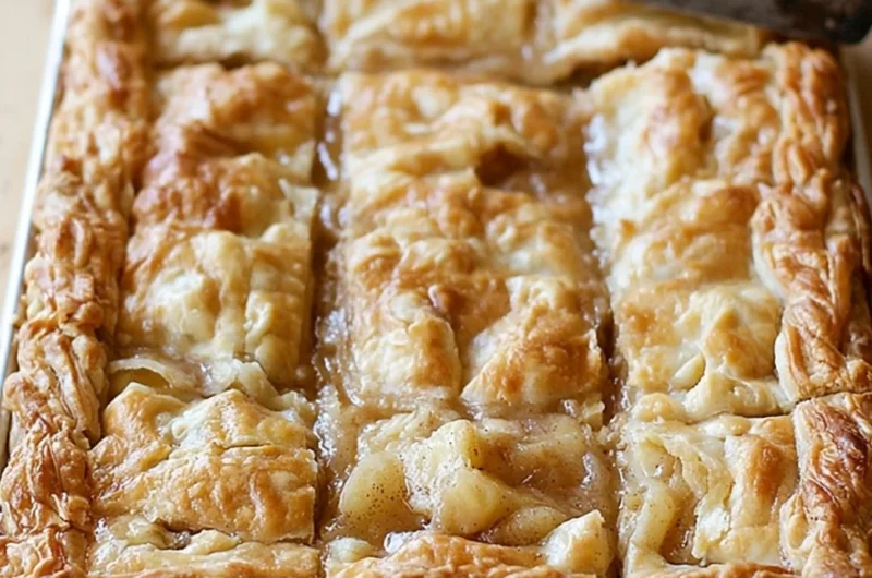 Delicious apple slab pie fresh from the oven, topped with a golden crust.