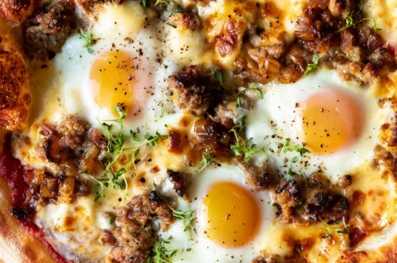 Delicious sausage breakfast pizza served for morning meals