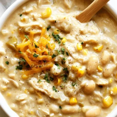Delicious bowl of white chicken chili topped with cilantro and lime