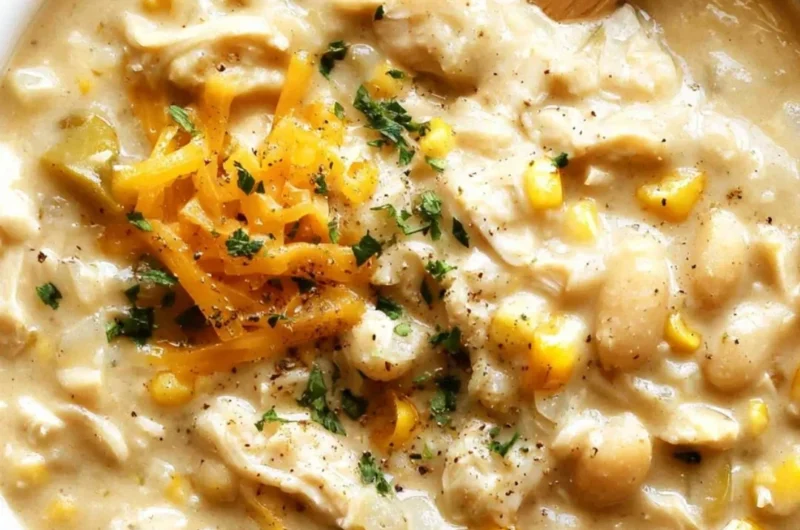 Delicious bowl of white chicken chili topped with cilantro and lime