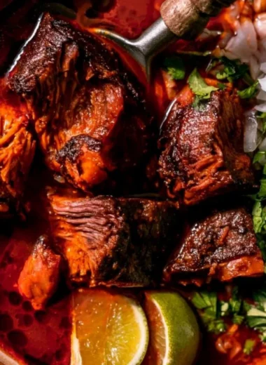 A steaming bowl of authentic Mexican Birria served with fresh tortillas and toppings.
