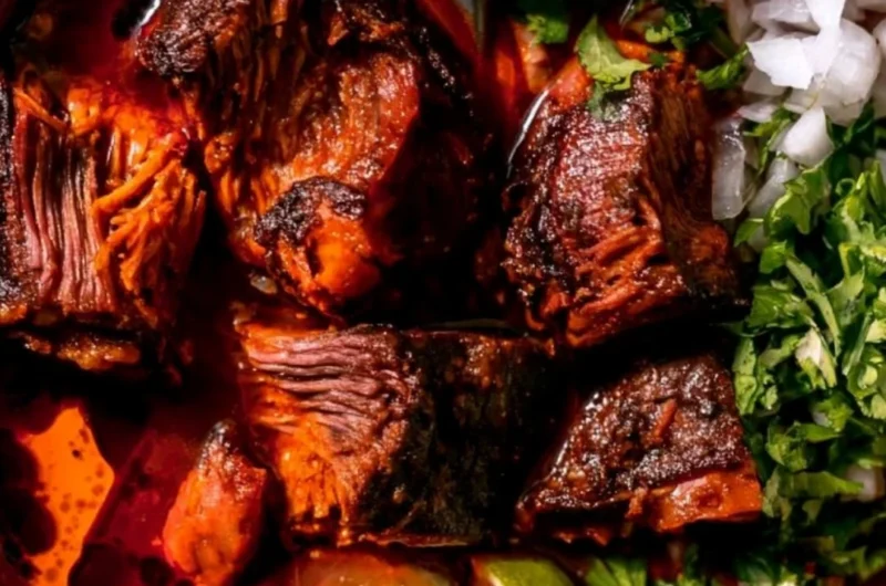 A steaming bowl of authentic Mexican Birria served with fresh tortillas and toppings.