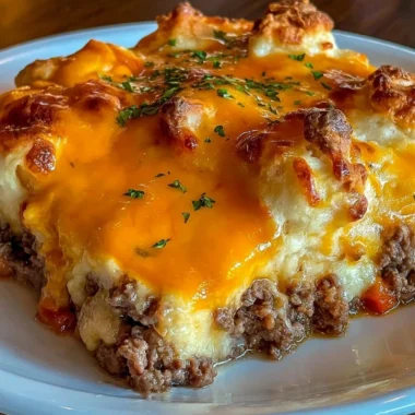 Cheddar Bay Hamburger Casserole served in a dish with toppings