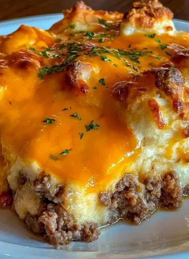 Cheddar Bay Hamburger Casserole served in a dish with toppings