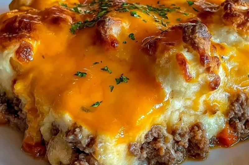 Cheddar Bay Hamburger Casserole served in a dish with toppings