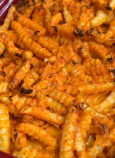 Delicious Cheeseburger French Fry Casserole served in a baking dish
