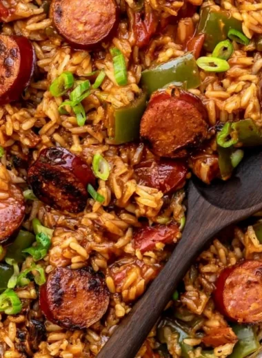 Cozy Cajun Sausage and Rice in a bowl garnished with herbs