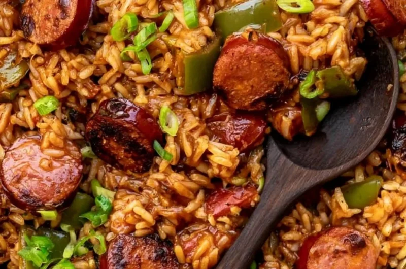 Cozy Cajun Sausage and Rice in a bowl garnished with herbs