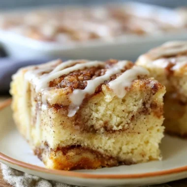 Delicious cozy cinnamon roll cake topped with icing on a rustic table